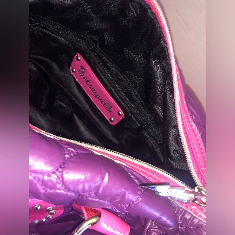 Betseyville Rare Quilted Studded Bag Pink Heart Aquamarine Purple WomenAccessory
